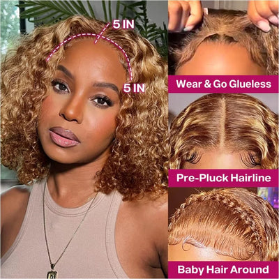 Highlight Wig Human Hair 360 Full Lace Wig 13X6 Hd Lace Frontal Wig Bob Curly Deep Wave Wig 427 Honey Blonde Colored 250 Density