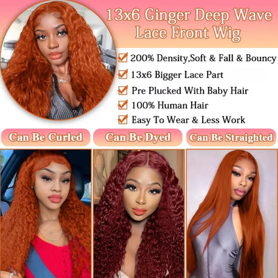 30 36 Inch Ginger Hd Lace Wig 13X6 Human Hair Deep Wave Frontal Wig Curly Lace Front Wig Colored Brazilian 250 Density For Women
