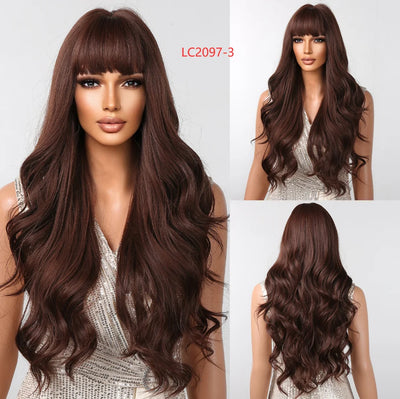 Long Curly Wine Burgundy Red Synthetic Wigs with Long Bangs for Women Afro Deep Wave Cosplay Party Natural Hair Heat Reisitant