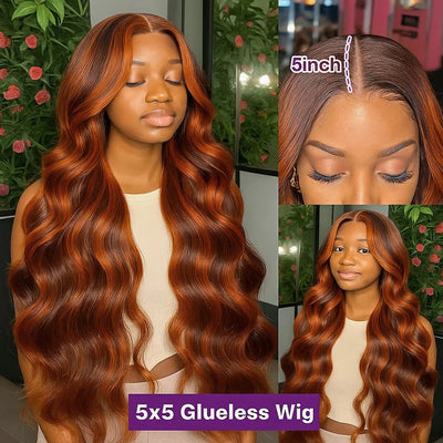10A Ginger Brown Highlight Body Wave Lace Front Closure Wigs Human Hair 5x5 Pre-cut Lace Glueless Wig Ombre Ginger Orange #4/350