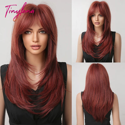 Long Curly Wine Burgundy Red Synthetic Wigs with Long Bangs for Women Afro Deep Wave Cosplay Party Natural Hair Heat Reisitant