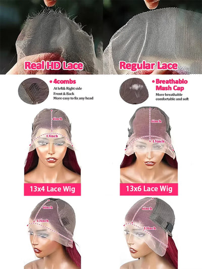 250 Density 30 32 34 inch 99J Burgundy 13x4 Lace Front Wig For Women Brazilian Glueless HD Lace Frontal Human Hair Wigs Prepluck