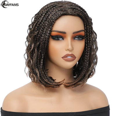 12”Braided Wigs for Black Women Heat Resistant Soft Short Bob Box Braided Wig Half Curly African American Braided Wigs Daily Use