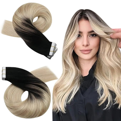 Moresoo Tape in Hair Extensions Balayage Remy Real Human Hair for Women Invisible Seamless PU Skin Weft Straight Hair Tape ins