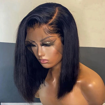 Double Drawn Blunt Cut Straight Glueless Wig Pre Cut 13x4 HD Lace Frontal Wig Ready To Go Human Hair Wig Pre Cut Pre Plucked