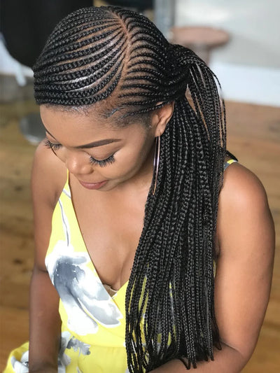 Goddess 36'' Cornrow Braided Wigs For Women 1B Full Lace Frontal Box Braid Wig Synthetic Long Side Part Afro Knotless Braids Wig
