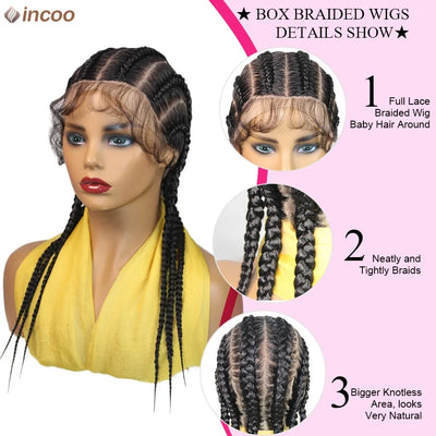 Synthetic Cornrow Braided Wigs Jumbo Full Lace Pigtails Wigs For Women Girls 20Inch Knotless Box Braided Lace Wig With Baby Hair