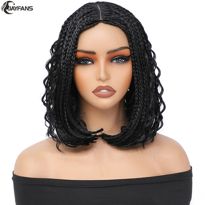 12”Braided Wigs for Black Women Heat Resistant Soft Short Bob Box Braided Wig Half Curly African American Braided Wigs Daily Use