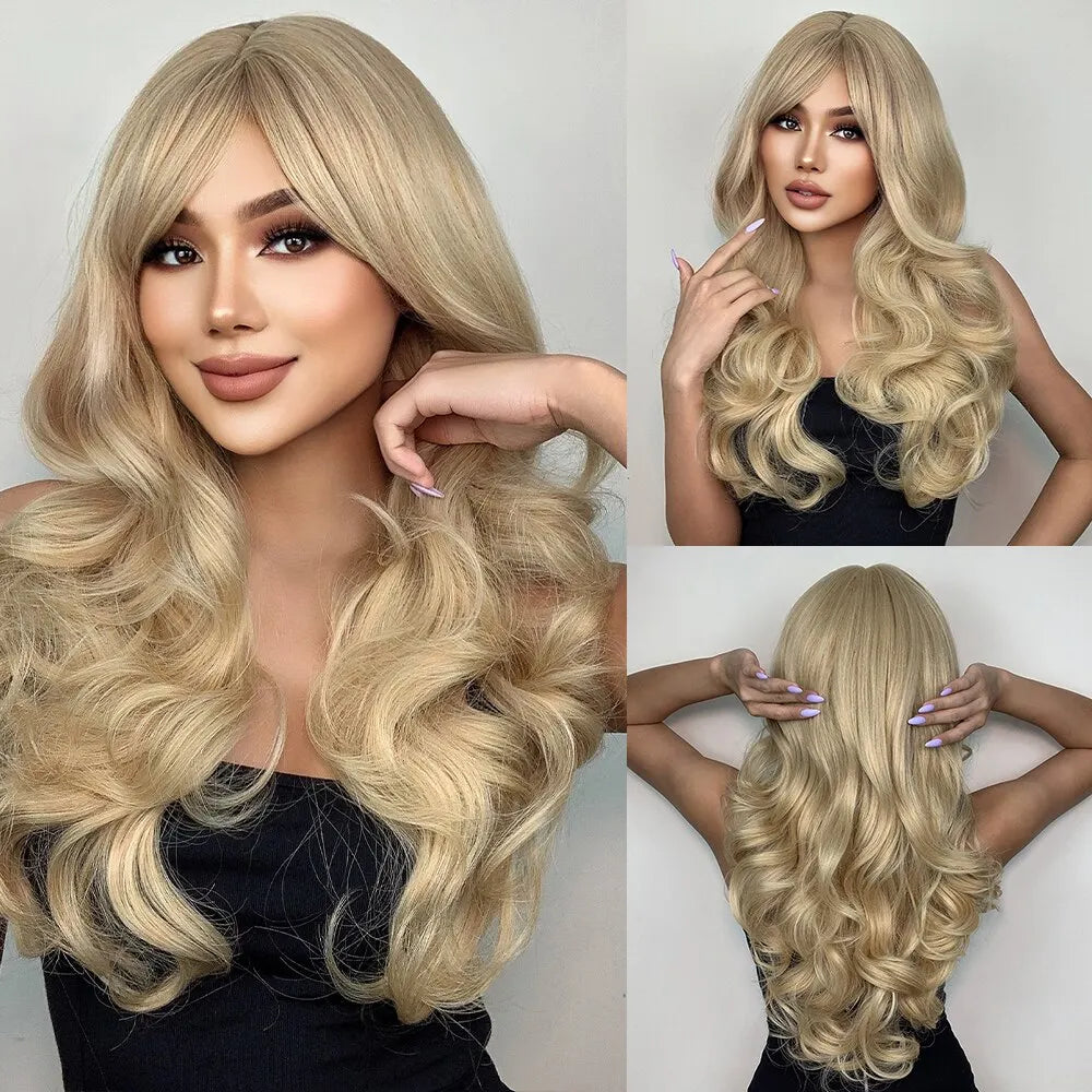 Natural Blonde Yellow Long Wavy Synthetic Hair Wigs