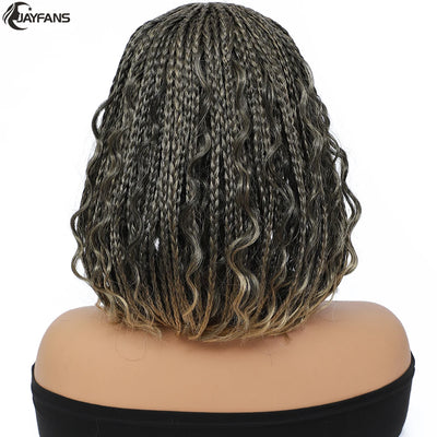12”Braided Wigs for Black Women Heat Resistant Soft Short Bob Box Braided Wig Half Curly African American Braided Wigs Daily Use