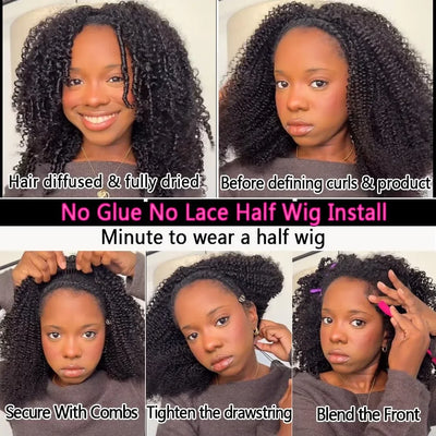 Half human hair wig Jery curly wigs without glue human hair with cord without sewing Flip Over women