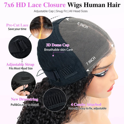 Glueless Wig Human Hair Burmese Curly 7x6 Lace Closure Wig Beginner Friendly HD Lace Bleached Knots 100% Human Hair Wigs