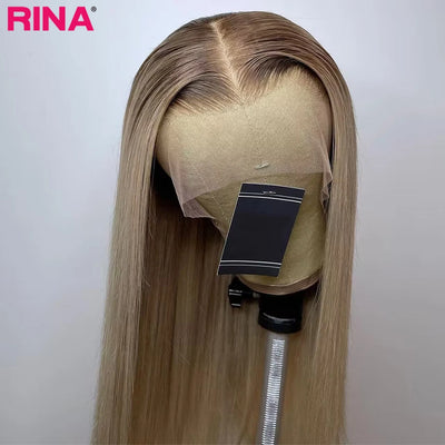 Brown Root Ash Blonde Straight 13X4 13x6 Lace Frontal Human Hair Wigs Transparent Lace 180 Density Ombre Blonde 5x5 Lace Closure