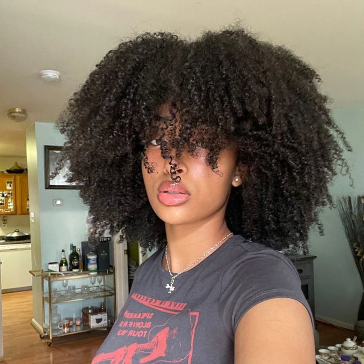Afro Kinky Curly Human Hair Wig with Bangs