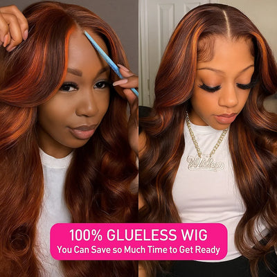10A Ginger Brown Highlight Body Wave Lace Front Closure Wigs Human Hair 5x5 Pre-cut Lace Glueless Wig Ombre Ginger Orange #4/350