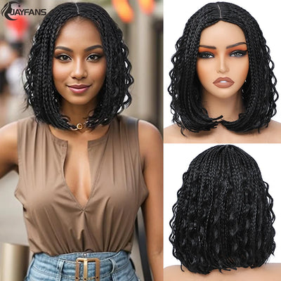 12”Braided Wigs for Black Women Heat Resistant Soft Short Bob Box Braided Wig Half Curly African American Braided Wigs Daily Use