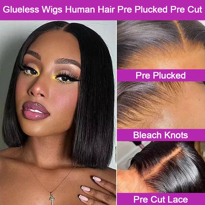 No Glue Brazilian HD Transparent 13x4 Bone Straight Short Bob Glueless Human Hair Wigs 13x6 Straight Lace Front Wigs For Women