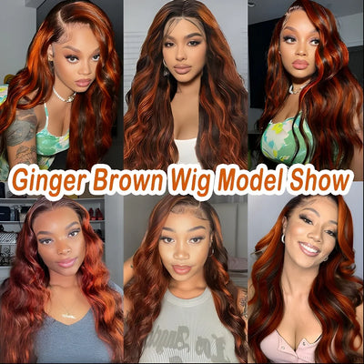 10A Ginger Brown Highlight Body Wave Lace Front Closure Wigs Human Hair 5x5 Pre-cut Lace Glueless Wig Ombre Ginger Orange #4/350