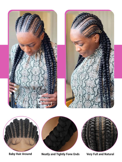 Synthetic Full Lace Wig Cornrow Double Dutch Braided Wigs With Baby Hair Box Braided Lace Wig Faux Locs Goddess Jumbo Braid Wig