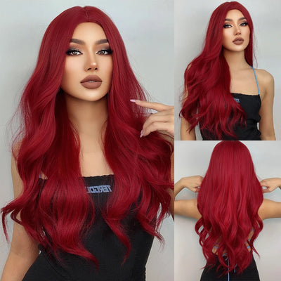 Long Curly Wine Burgundy Red Synthetic Wigs with Long Bangs for Women Afro Deep Wave Cosplay Party Natural Hair Heat Reisitant