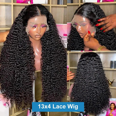 tewjig 30 inch natural deep wave lace frontal wigs 13x4 hd transparent lace front wig human hair brazilian black curly for women
