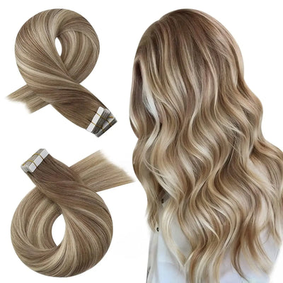 Moresoo Tape in Hair Extensions Balayage Remy Real Human Hair for Women Invisible Seamless PU Skin Weft Straight Hair Tape ins