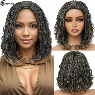 12”Braided Wigs for Black Women Heat Resistant Soft Short Bob Box Braided Wig Half Curly African American Braided Wigs Daily Use
