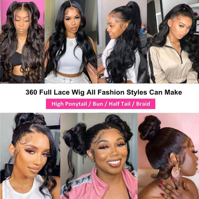 SoGreat 360 Lace Wig Invisible Drawstring Loose Body Wave Body Wave Human Hair Wigs Natural Black Wig Pre-Plucked Brazilian Hair
