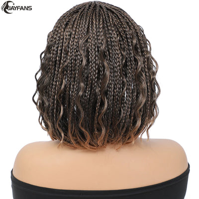 12”Braided Wigs for Black Women Heat Resistant Soft Short Bob Box Braided Wig Half Curly African American Braided Wigs Daily Use