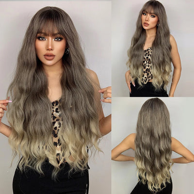 Long Curly Wine Burgundy Red Synthetic Wigs with Long Bangs for Women Afro Deep Wave Cosplay Party Natural Hair Heat Reisitant
