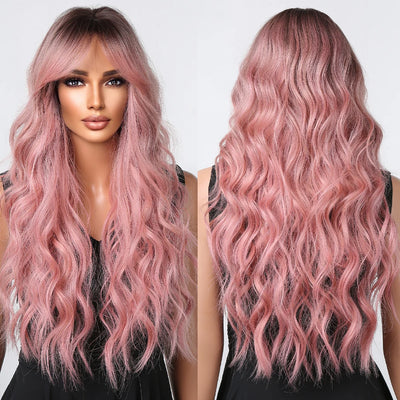 Long Curly Wine Burgundy Red Synthetic Wigs with Long Bangs for Women Afro Deep Wave Cosplay Party Natural Hair Heat Reisitant