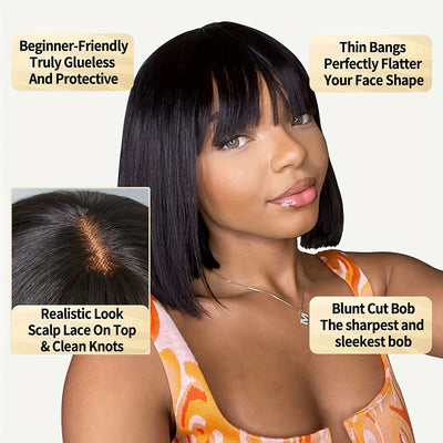 Short Bob 3x1 Lace Scalp Wigs With Bangs 180% Density Short Straight Fringe Wigs For Black Women Brazilian Remy Human Hair