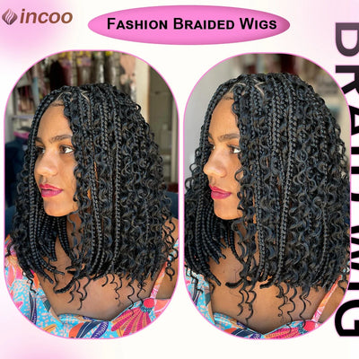 Synthetic 12Inch Short Bob Box Braided Wigs For Women Boho Knotless Box Braids With Curly Hair End Red Blonde Cornrows Braid Wig