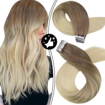 Moresoo Tape in Hair Extensions Balayage Remy Real Human Hair for Women Invisible Seamless PU Skin Weft Straight Hair Tape ins