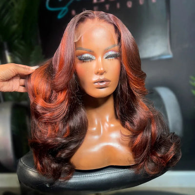 10A Ginger Brown Highlight Body Wave Lace Front Closure Wigs Human Hair 5x5 Pre-cut Lace Glueless Wig Ombre Ginger Orange #4/350