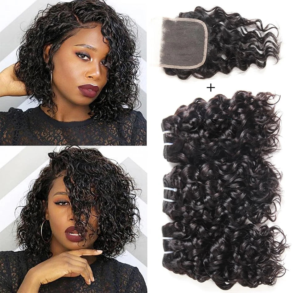 Malaysian Water Wave Bundles with Closure 12A Bundles Human Hair Ocean Wave Wet and Wavy Human Hair Bundles with Lace Closure