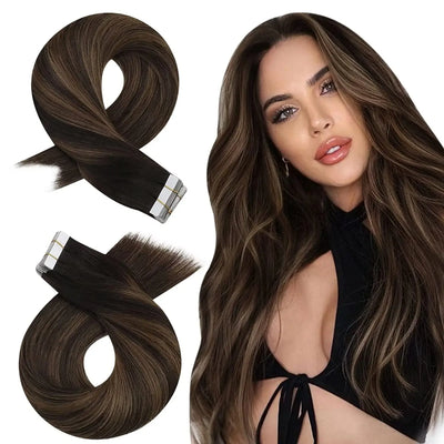 Moresoo Tape in Hair Extensions Balayage Remy Real Human Hair for Women Invisible Seamless PU Skin Weft Straight Hair Tape ins