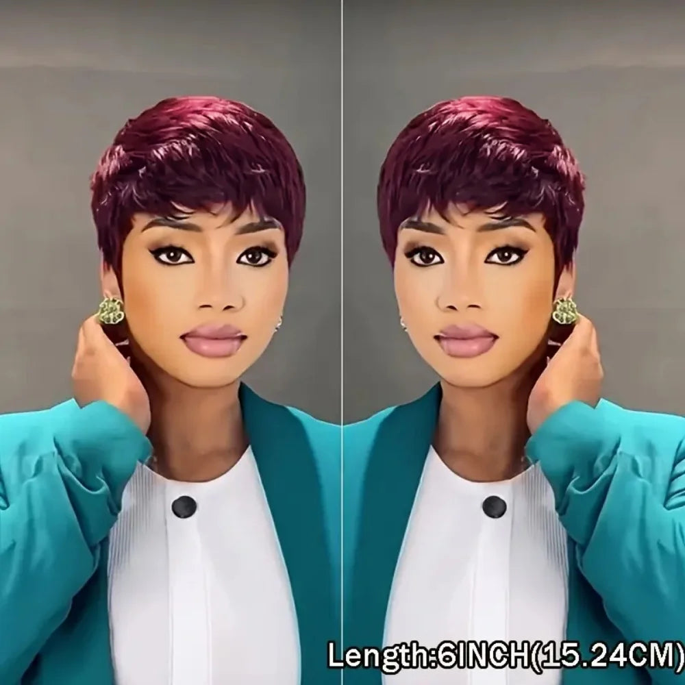 6-Inch Burgundy Pixie Cut Human Hair Wig with Bangs