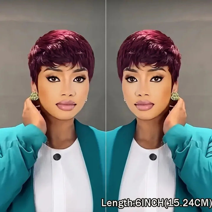 6-Inch Burgundy Pixie Cut Human Hair Wig with Bangs