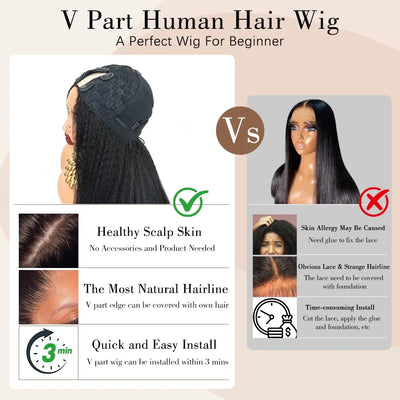 V Part Kinky Straight Wig Human Hair No Leave Out Upgraded U Part Wigs for Women Yaki Straight V-part Wigs V Shape Clip in Wig
