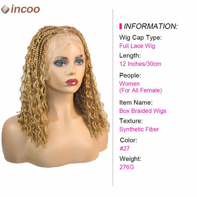 Synthetic 12Inch Short Bob Box Braided Wigs For Women Boho Knotless Box Braids With Curly Hair End Red Blonde Cornrows Braid Wig