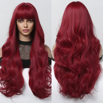 Long Curly Wine Burgundy Red Synthetic Wigs with Long Bangs for Women Afro Deep Wave Cosplay Party Natural Hair Heat Reisitant