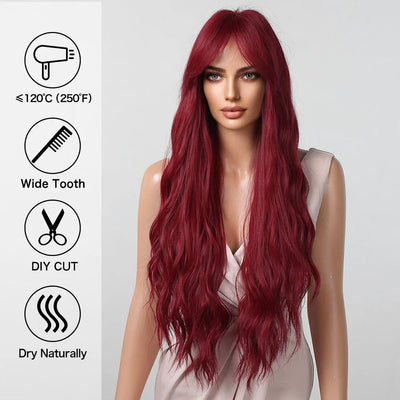 Long Curly Wine Burgundy Red Synthetic Wigs with Long Bangs for Women Afro Deep Wave Cosplay Party Natural Hair Heat Reisitant