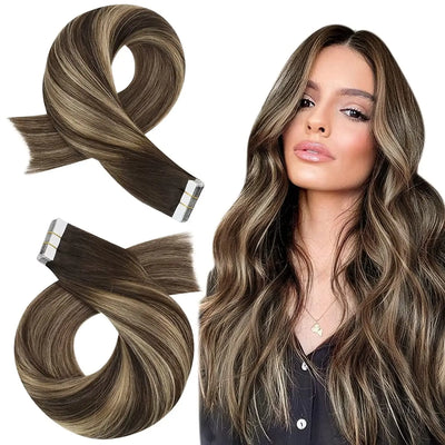 Moresoo Tape in Hair Extensions Balayage Remy Real Human Hair for Women Invisible Seamless PU Skin Weft Straight Hair Tape ins