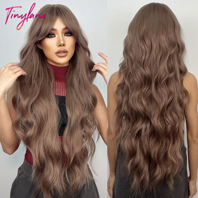 Long Curly Wine Burgundy Red Synthetic Wigs with Long Bangs for Women Afro Deep Wave Cosplay Party Natural Hair Heat Reisitant