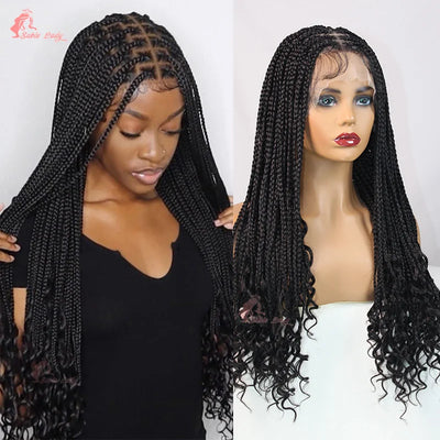 Synthetic Knotless Box Braided Wigs French Curly Full Lace Braids Hair Wig Afric Cornrow Braiding Lace Wigs For Black Women