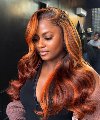 10A Ginger Brown Highlight Body Wave Lace Front Closure Wigs Human Hair 5x5 Pre-cut Lace Glueless Wig Ombre Ginger Orange #4/350