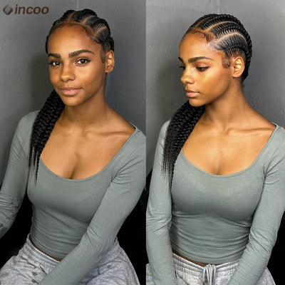 Synthetic Cornrow Braided Wigs Jumbo Full Lace Pigtails Wigs For Women Girls 20Inch Knotless Box Braided Lace Wig With Baby Hair