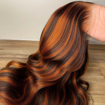 10A Ginger Brown Highlight Body Wave Lace Front Closure Wigs Human Hair 5x5 Pre-cut Lace Glueless Wig Ombre Ginger Orange #4/350