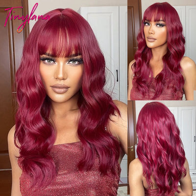 Long Curly Wine Burgundy Red Synthetic Wigs with Long Bangs for Women Afro Deep Wave Cosplay Party Natural Hair Heat Reisitant